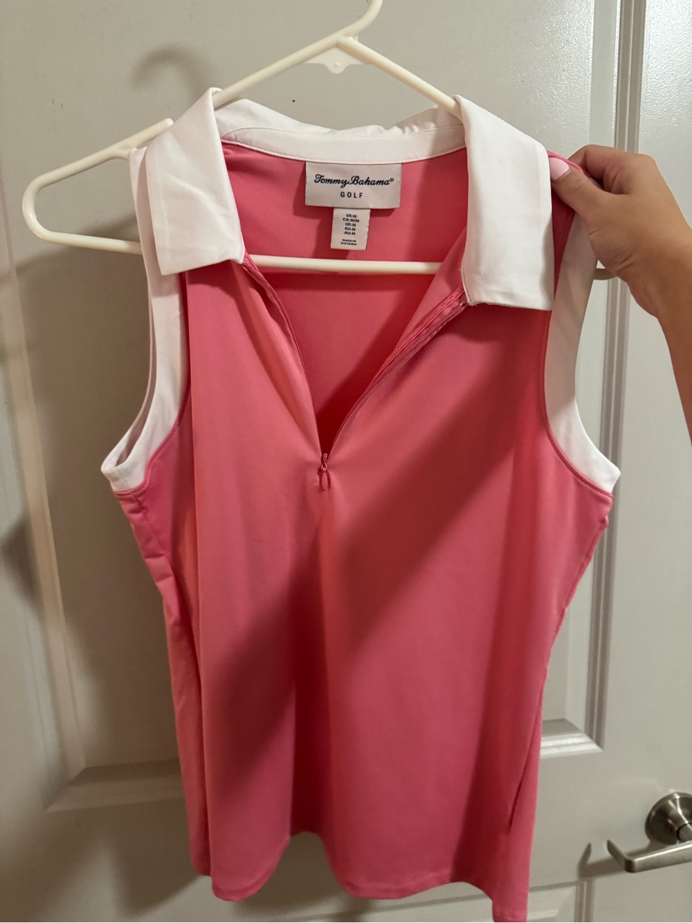 Tommy Bahama Pink Sleeveless Golf Polo with White Collar Accent